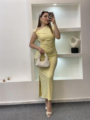 Sarı Omuz Gold Tokalı Elbise