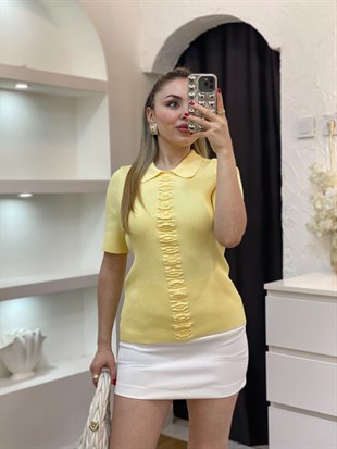 Sarı Önü Desenli Elit Triko Bluz