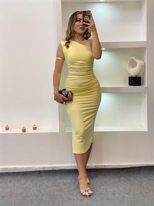 Sarı Parıltılı Taşlı Elbise