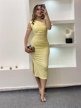 Sarı Parıltılı Taşlı Elbise
