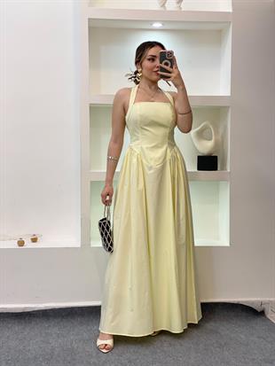 Sarı Premium Kalite Sırt Dekolteli Elbise 