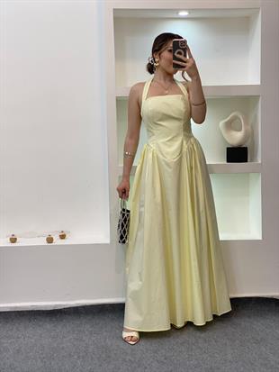 Sarı Premium Kalite Sırt Dekolteli Elbise 