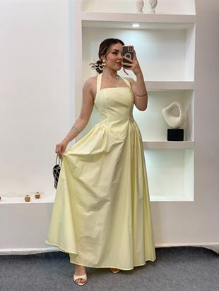 Sarı Premium Kalite Sırt Dekolteli Elbise 