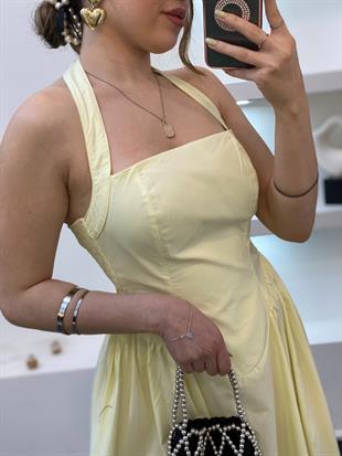 Sarı Premium Kalite Sırt Dekolteli Elbise 