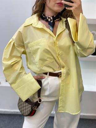 Sarı Renk Cepli Oversize Poplin Kumaş GÖMLEK