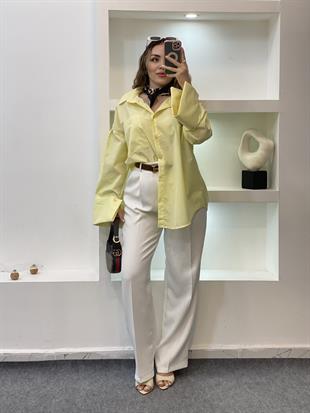 Sarı Renk Cepli Oversize Poplin Kumaş GÖMLEK