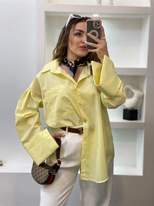 Sarı Renk Cepli Oversize Poplin Kumaş GÖMLEK