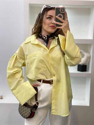 Sarı Renk Cepli Oversize Poplin Kumaş GÖMLEK