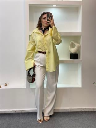 Sarı Renk Cepli Oversize Poplin Kumaş GÖMLEK