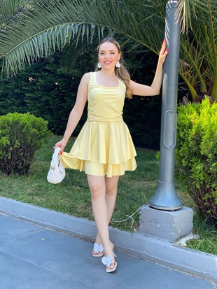 Sarı Renk Likralı Katlı Elbise 