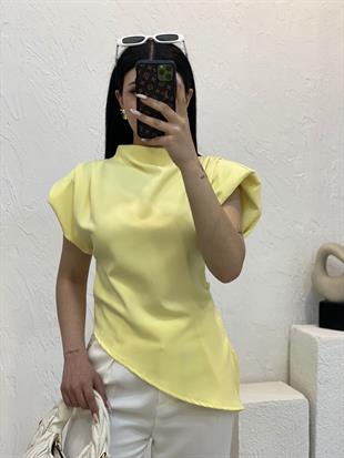 Sarı Renk Premium Kalite Vatkalı Asimetrik Bluz