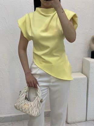Sarı Renk Premium Kalite Vatkalı Asimetrik Bluz