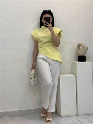 Sarı Renk Premium Kalite Vatkalı Asimetrik Bluz