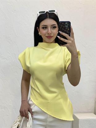 Sarı Renk Premium Kalite Vatkalı Asimetrik Bluz