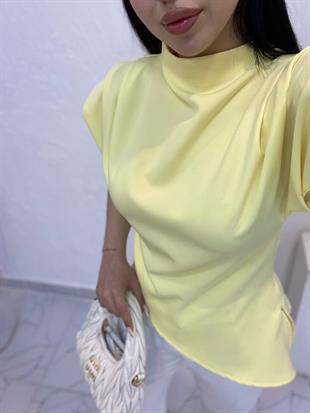 Sarı Renk Premium Kalite Vatkalı Asimetrik Bluz