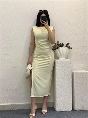 Sarı Renk Yırtmaç Detay Sırt Fermuarlı Elbise