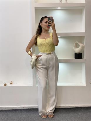 Sarı V Aksesuarlı Dantel Bluz