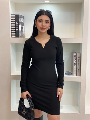 Siyah Aksesuarlı Ottoman Kumaş Elbise