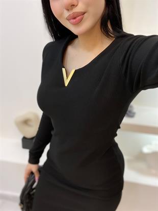 Siyah Aksesuarlı Ottoman Kumaş Elbise