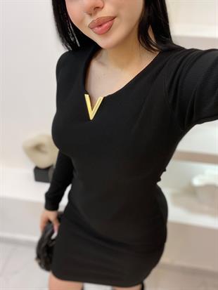 Siyah Aksesuarlı Ottoman Kumaş Elbise