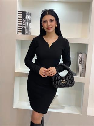 Siyah Aksesuarlı Ottoman Kumaş Elbise