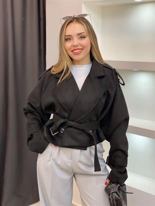 Siyah Apoletli Kuşaklı Model Süet Ceket