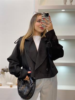 Siyah Apoletli Kuşaklı Model Süet Ceket