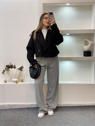 Siyah Apoletli Kuşaklı Model Süet Ceket