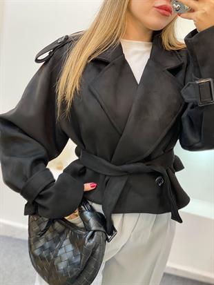 Siyah Apoletli Kuşaklı Model Süet Ceket