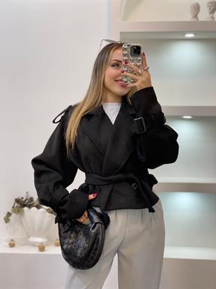 Siyah Apoletli Kuşaklı Model Süet Ceket