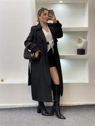 Siyah Apoletli Su Geçirmez Model Maxi Boy Trenç