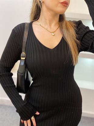 Siyah Arka Beli Kuşaklı Model Triko Elbise 