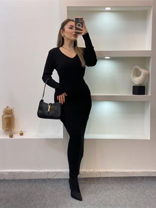 Siyah Arka Beli Kuşaklı Model Triko Elbise 