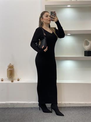 Siyah Arka Beli Kuşaklı Model Triko Elbise 