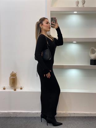 Siyah Arka Beli Kuşaklı Model Triko Elbise 