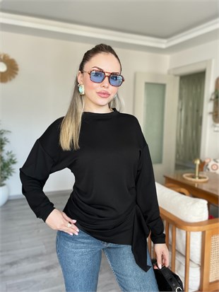 Siyah Asimetrik Kesim Modal Kumaş Bluz 