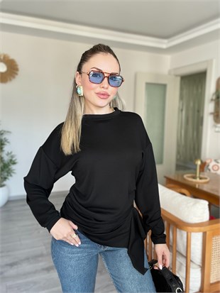 Siyah Asimetrik Kesim Modal Kumaş Bluz 