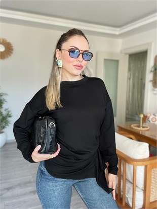 Siyah Asimetrik Kesim Modal Kumaş Bluz 
