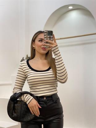 Siyah Bej Çizgili Fitilli Basic Bluz