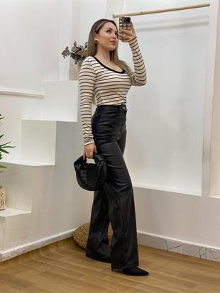 Siyah Bej Çizgili Fitilli Basic Bluz
