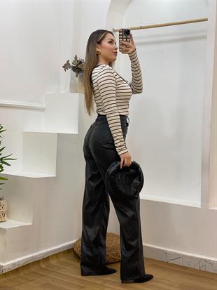 Siyah Bej Çizgili Fitilli Basic Bluz