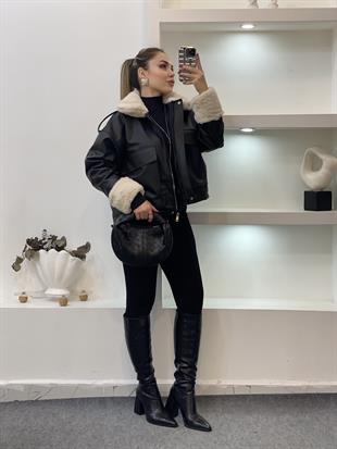 Siyah Bej İçi Kürklü Deri Mont