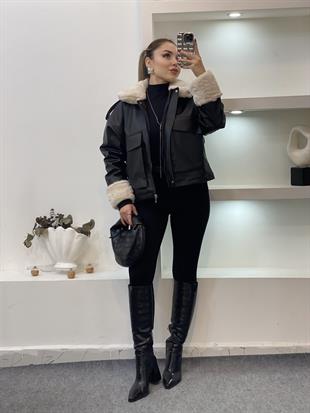 Siyah Bej İçi Kürklü Deri Mont