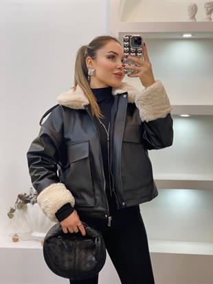 Siyah Bej İçi Kürklü Deri Mont