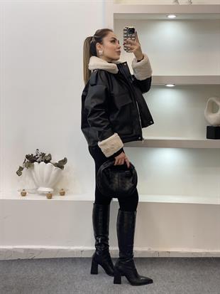 Siyah Bej İçi Kürklü Deri Mont