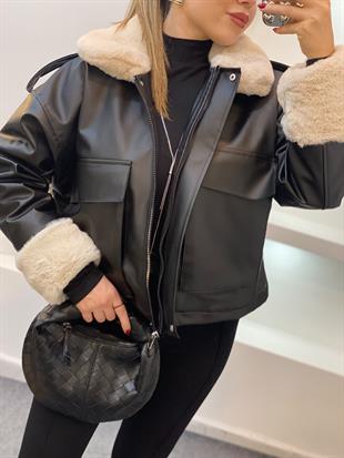 Siyah Bej İçi Kürklü Deri Mont