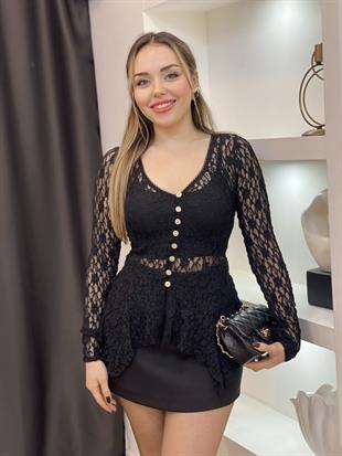 Siyah Bel Oturtmalı Model Volanlı Dantel Bluz