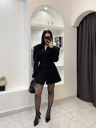 Siyah Belden Oturtmalı Blazer Ceket