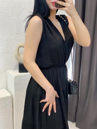 Siyah Beli Lastikli Keten Elbise