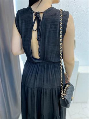 Siyah Beli Lastikli Keten Elbise